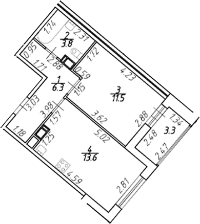 Планировка евродвушка (2Е) 36.85 м² в ЖК «Полис ЛАВрики», корпус 1