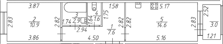 Планировка однокомнатная 39.1 м² в ЖК «Полис Новоселье», корпус 1.2