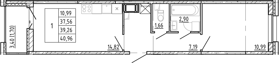 Планировка евродвушка (2Е) 38.3 м² в ЖК «Полис Новоселье», корпус 1.2