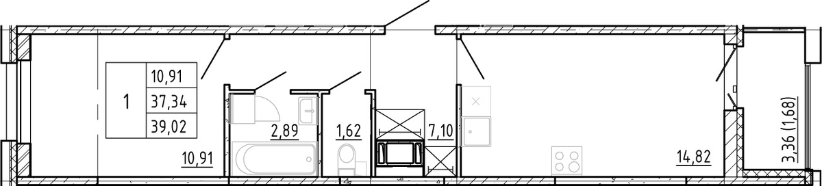 Планировка евродвушка (2Е) 38.78 м² в ЖК «Полис Новоселье», корпус 1.1