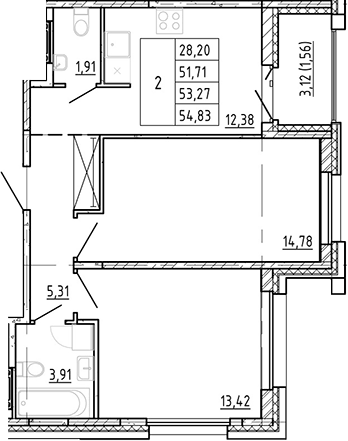 Планировка двухкомнатная 52.96 м² в ЖК «Полис Новоселье», корпус 1.1