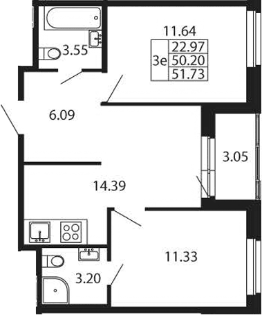 Планировка евротрёшка (3Е) 51.73 м² в ЖК «Полис Новоселье», корпус 2.1