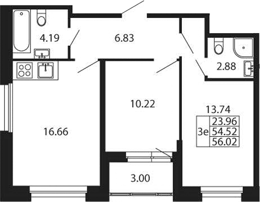 Планировка евротрёшка (3Е) 56.02 м² в ЖК «Полис Новоселье», корпус 2.1