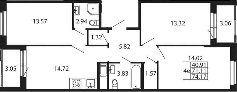 Планировка евро-4 (4Е) 74.17 м² в ЖК «Полис Новоселье», корпус 2.1
