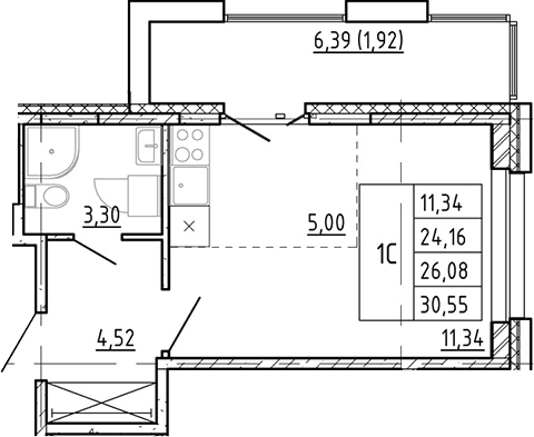 Планировка Студии 25.92 м² в ЖК «Полис Новоселье», корпус 1.2