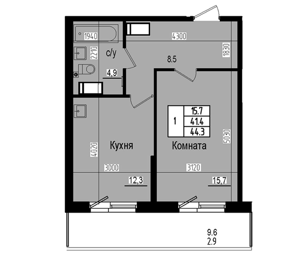 Планировка однокомнатная 44.3 м² в ЖК «Прагма Сити», корпус 3