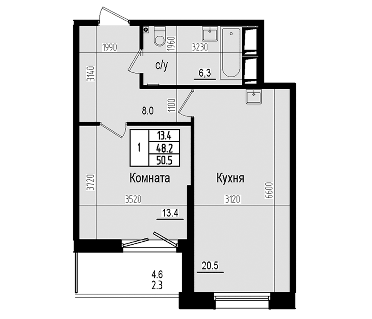 Планировка евродвушка (2Е) 50.5 м² в ЖК «Прагма Сити», корпус 3