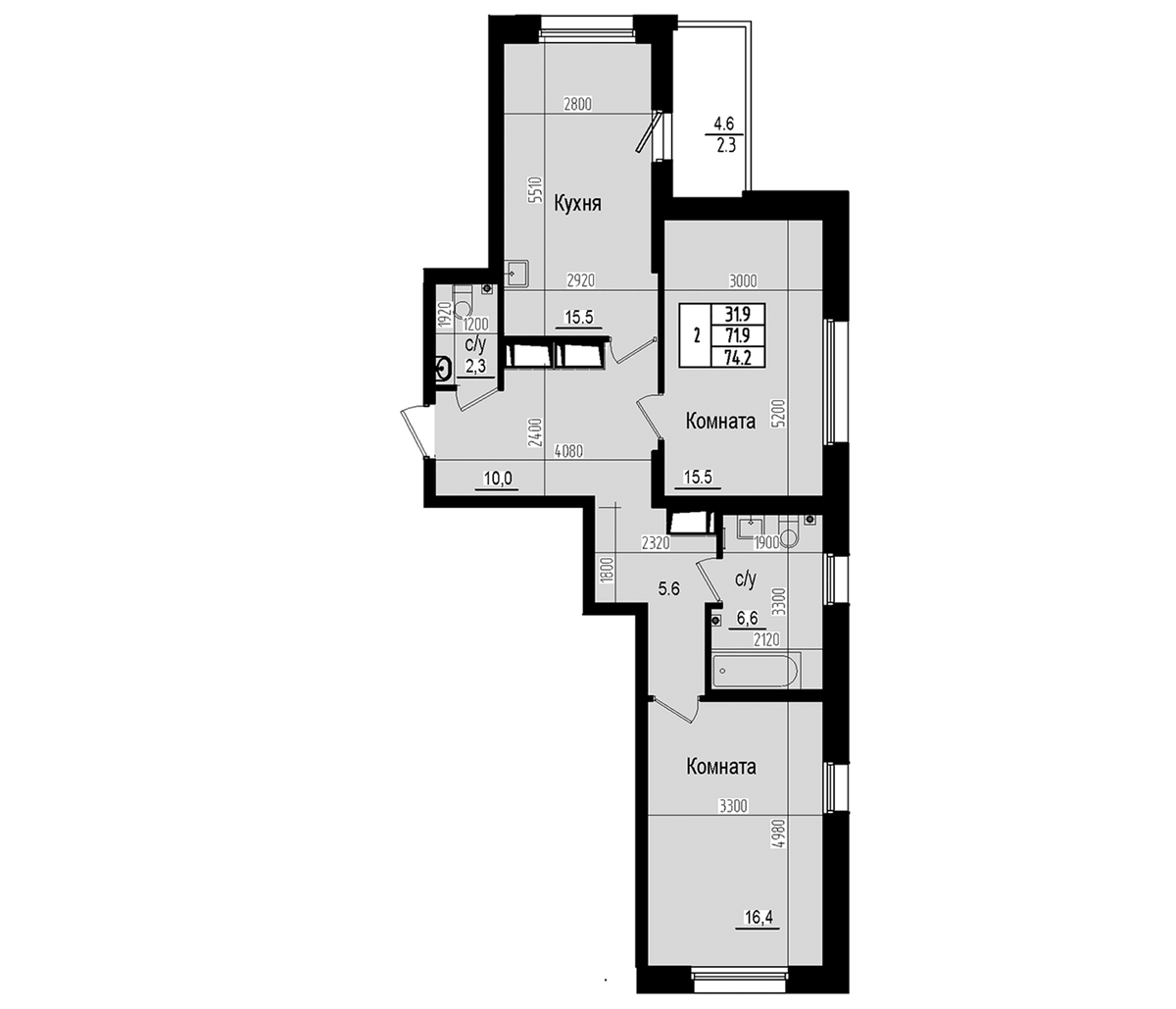 Планировка евротрёшка (3Е) 74.2 м² в ЖК «Прагма Сити», корпус 3