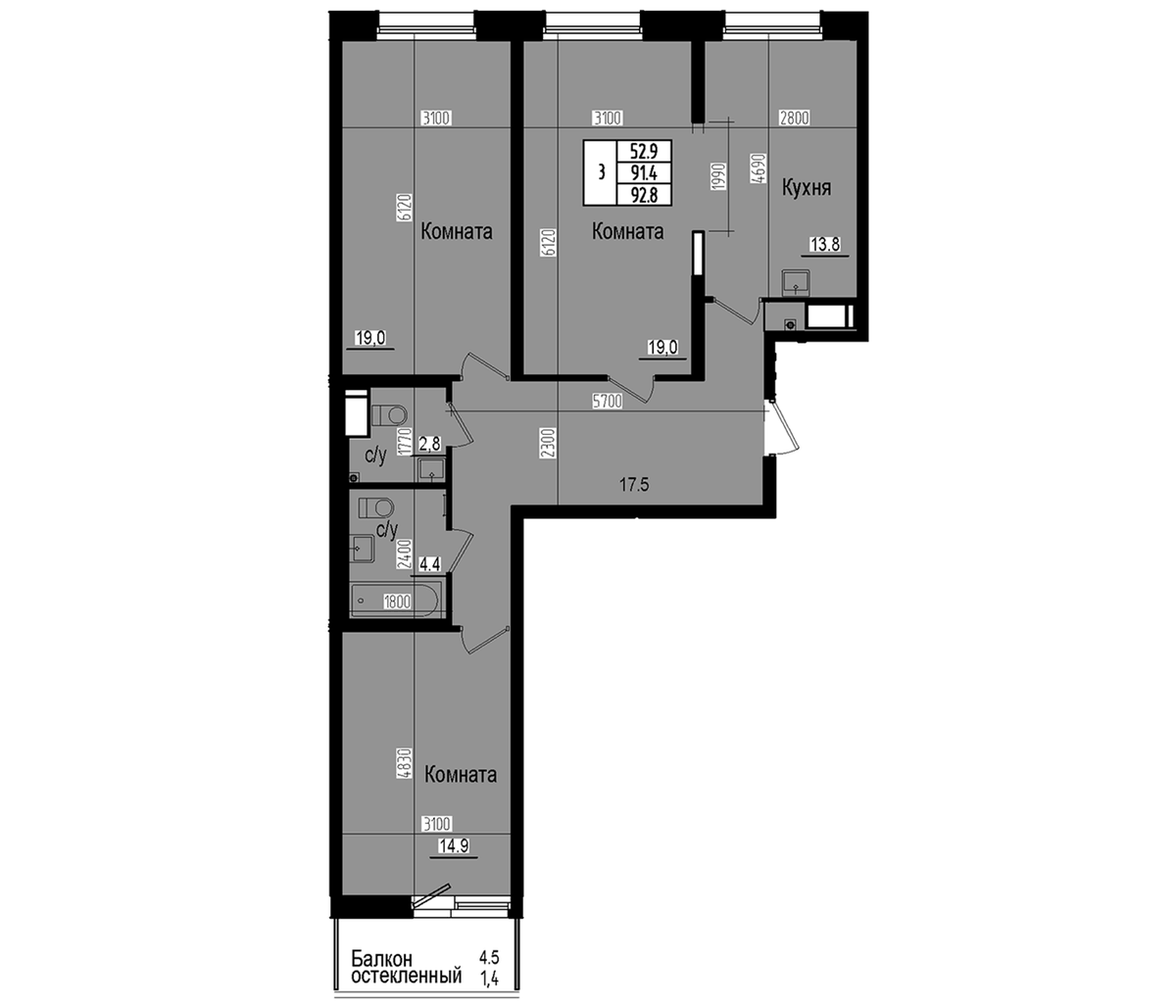 Планировка трёхкомнатная 92.8 м² в ЖК «Прагма Сити», корпус 3