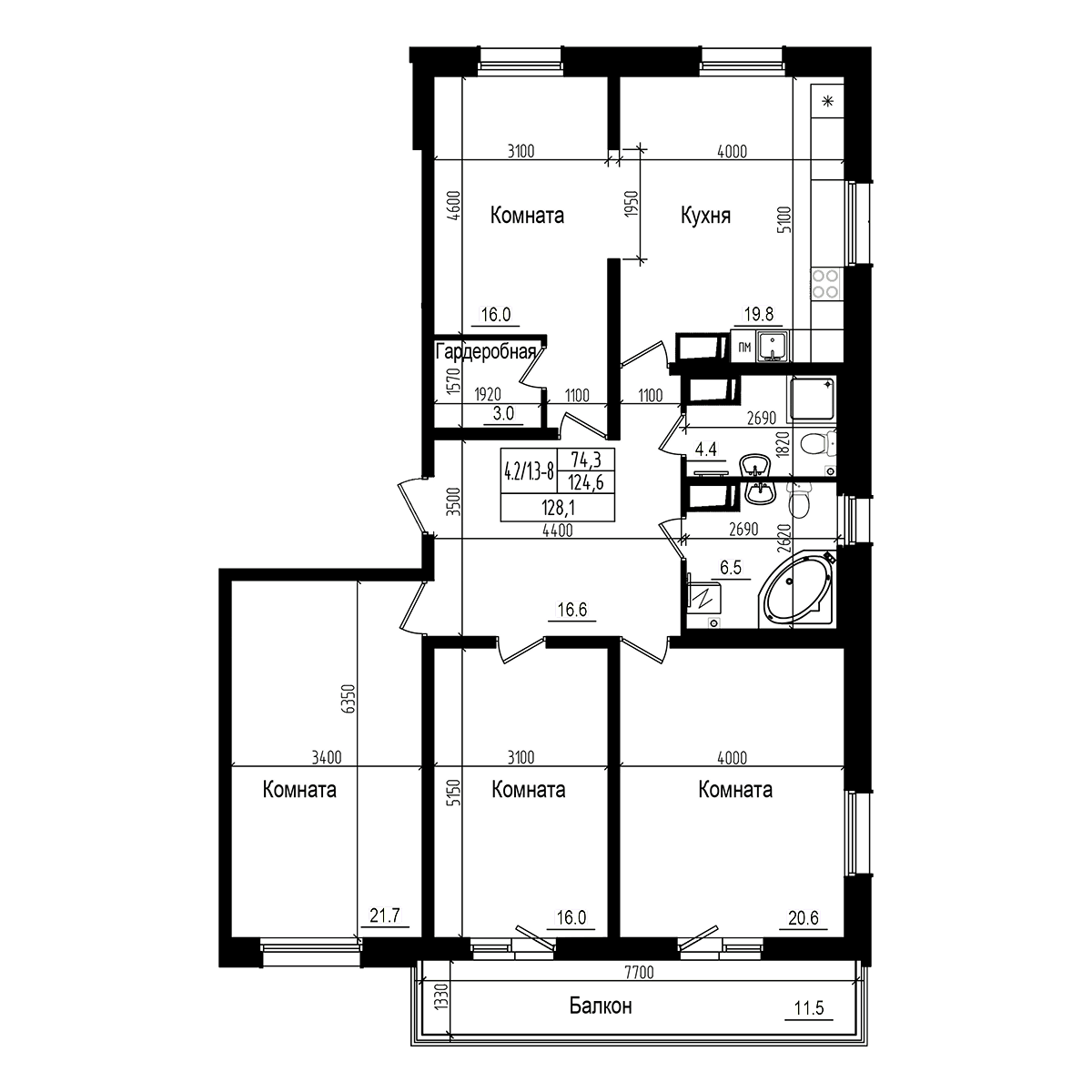Планировка 5Е-к.кв 128.1 м² в ЖК «Прагма Сити», корпус 2