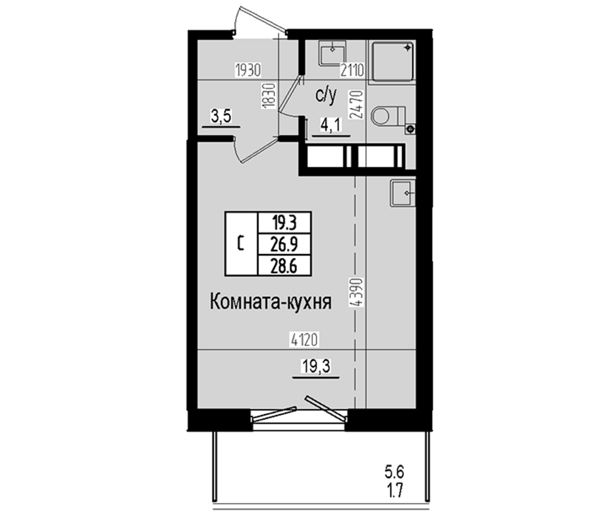 Планировка Студии 28.6 м² в ЖК «Прагма Сити», корпус 3