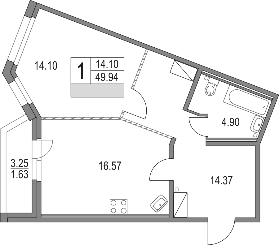 Планировка евродвушка (2Е) 51.57 м² в ЖК «Приморский квартал», корпус 42