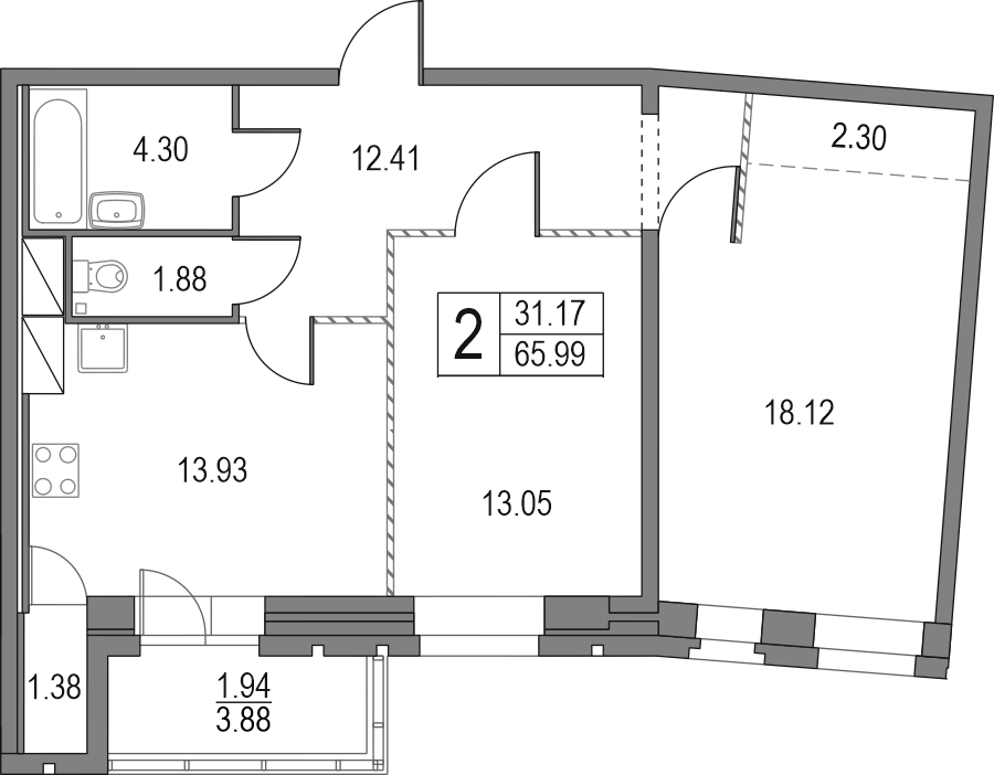 Планировка двухкомнатная 67.93 м² в ЖК «Приморский квартал», корпус 41