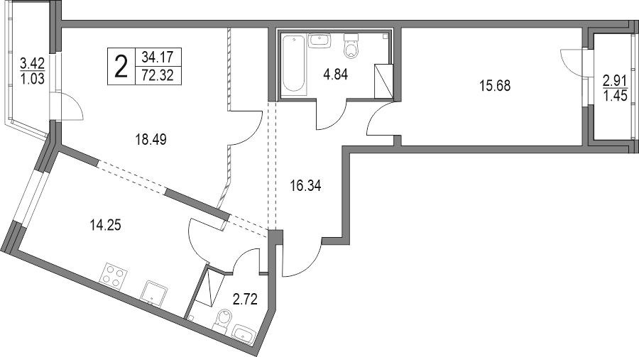 Планировка двухкомнатная 74.81 м² в ЖК «Приморский квартал», корпус 40