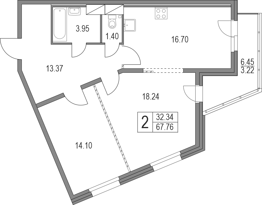 Планировка евротрёшка (3Е) 70.98 м² в ЖК «Приморский квартал», корпус 40