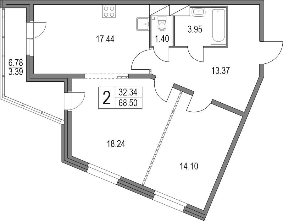 Планировка евротрёшка (3Е) 71.89 м² в ЖК «Приморский квартал», корпус 40