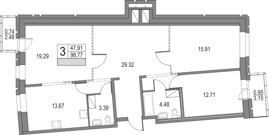 Планировка трёхкомнатная 100.46 м² в ЖК «Приморский квартал», корпус 41