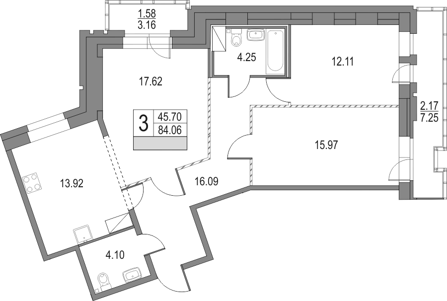 Планировка трёхкомнатная 87.81 м² в ЖК «Приморский квартал», корпус 41