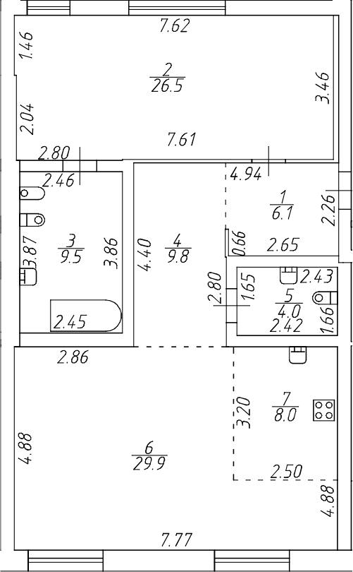 Планировка евродвушка (2Е) 93.8 м² в ЖК «Приоритет», корпус 1