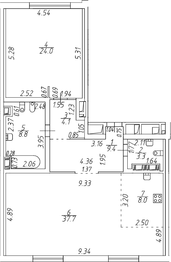 Планировка евродвушка (2Е) 95.3 м² в ЖК «Приоритет», корпус 1