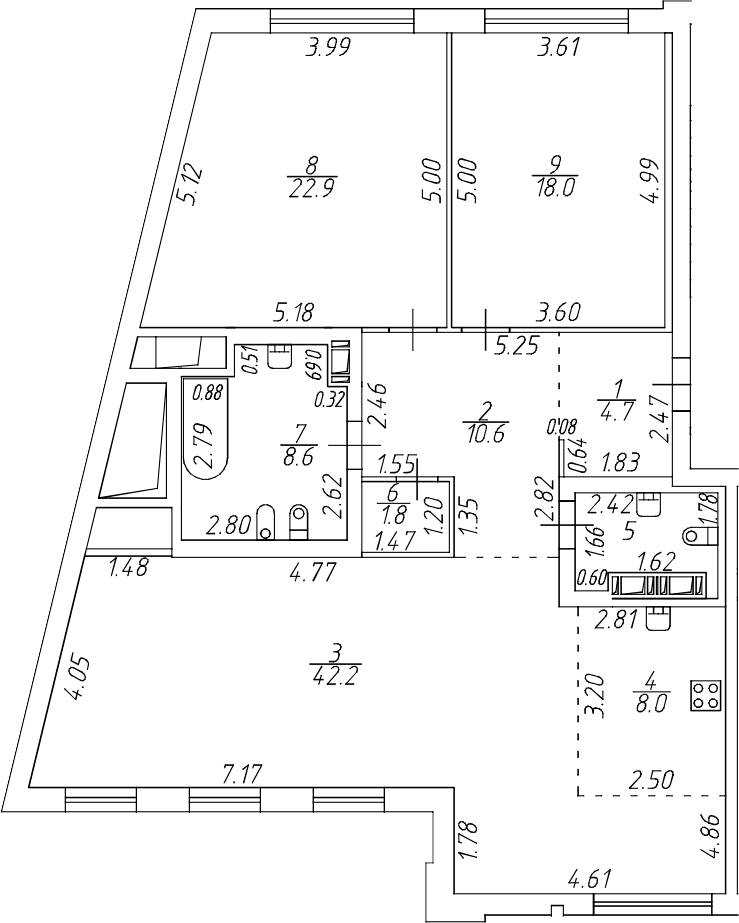 Планировка евротрёшка (3Е) 120.4 м² в ЖК «Приоритет», корпус 1