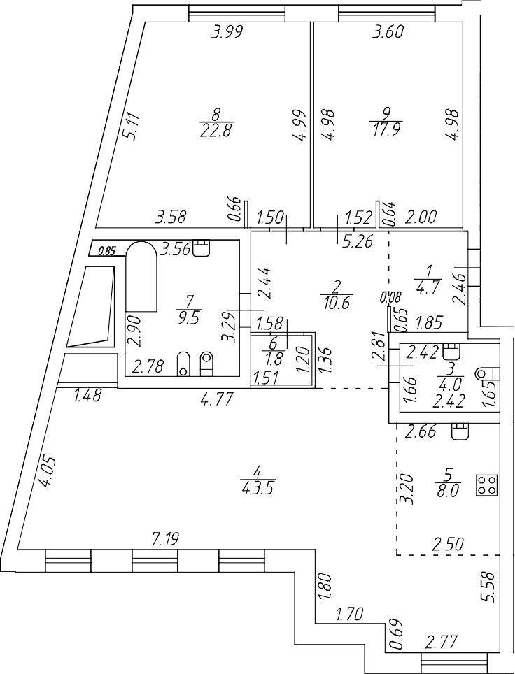 Планировка евротрёшка (3Е) 122.8 м² в ЖК «Приоритет», корпус 1