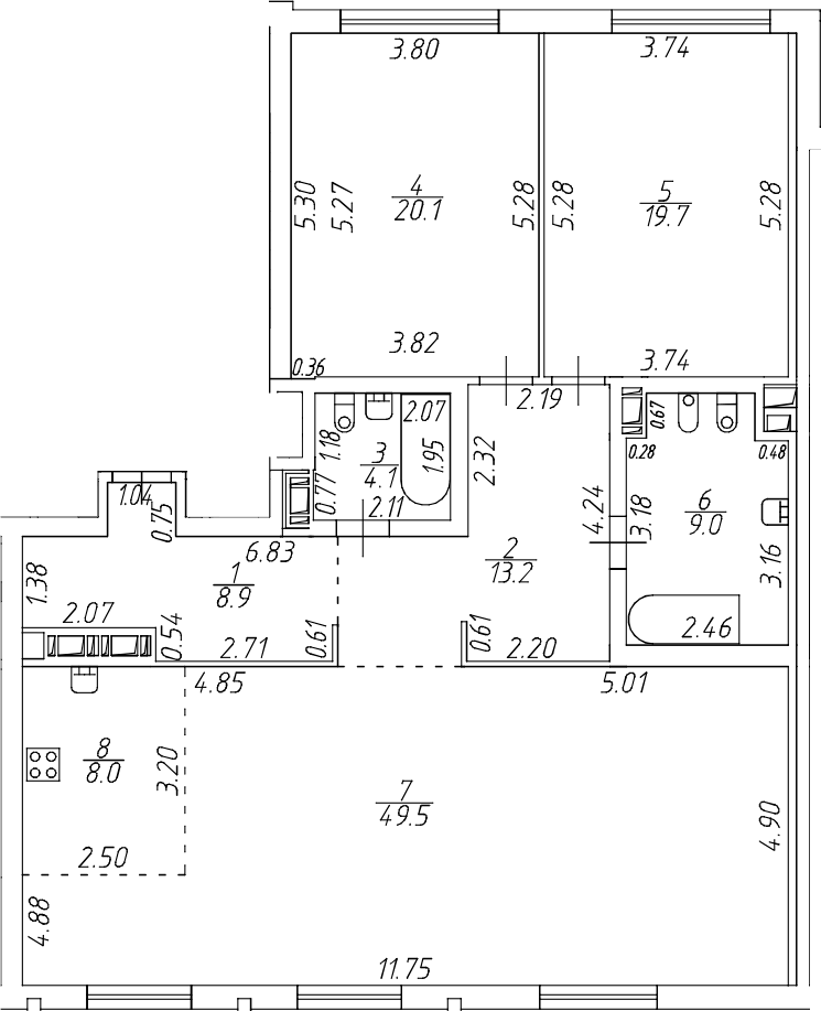 Планировка евротрёшка (3Е) 132.5 м² в ЖК «Приоритет», корпус 1