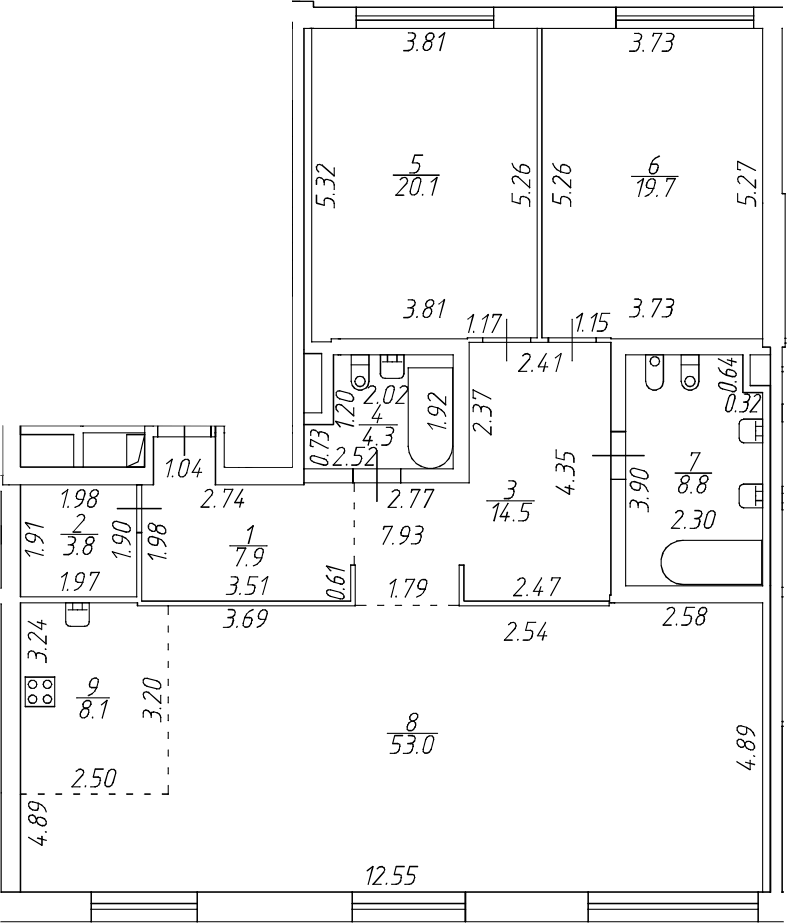 Планировка евротрёшка (3Е) 140.2 м² в ЖК «Приоритет», корпус 1