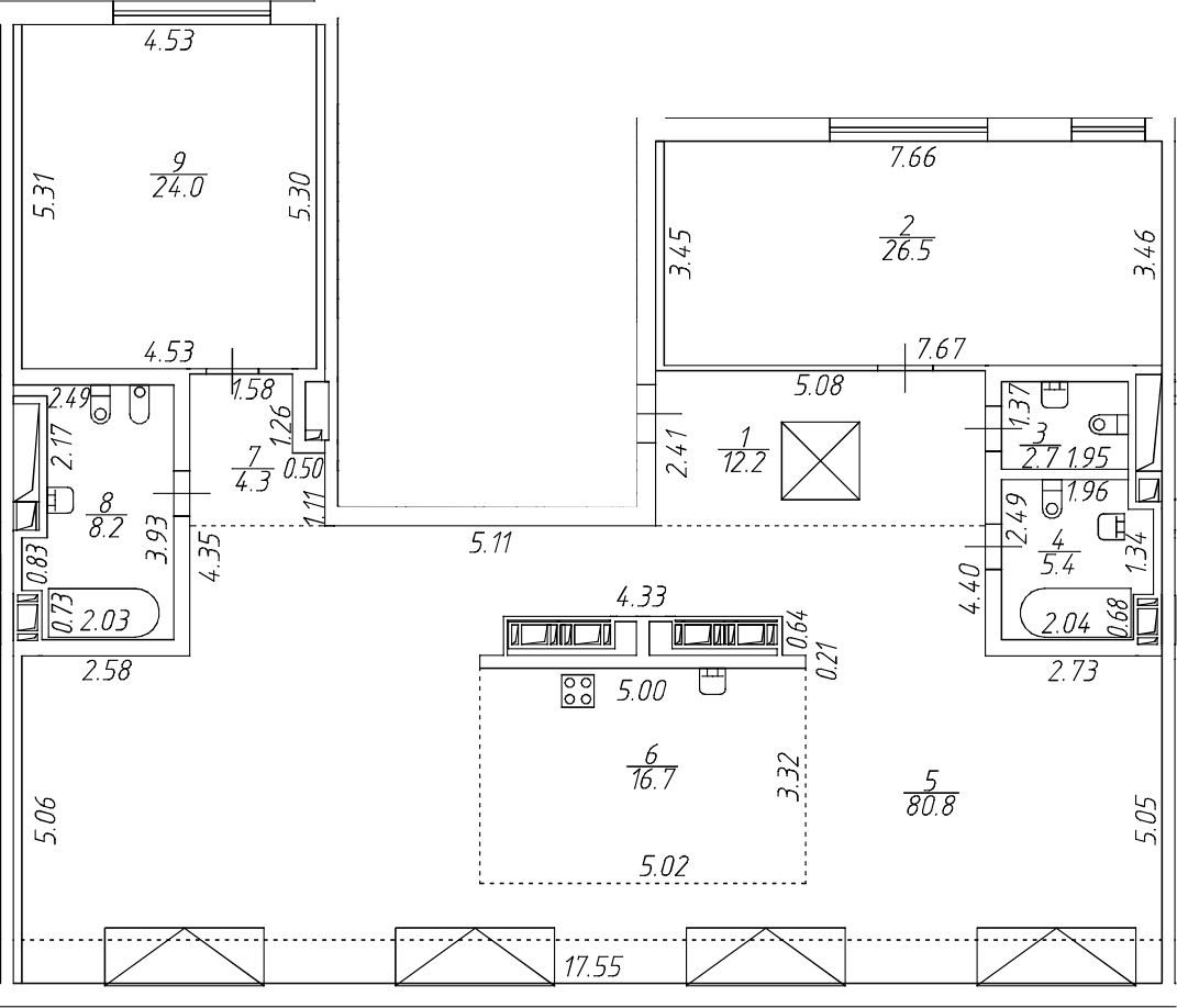 Планировка евротрёшка (3Е) 180.8 м² в ЖК «Приоритет», корпус 1