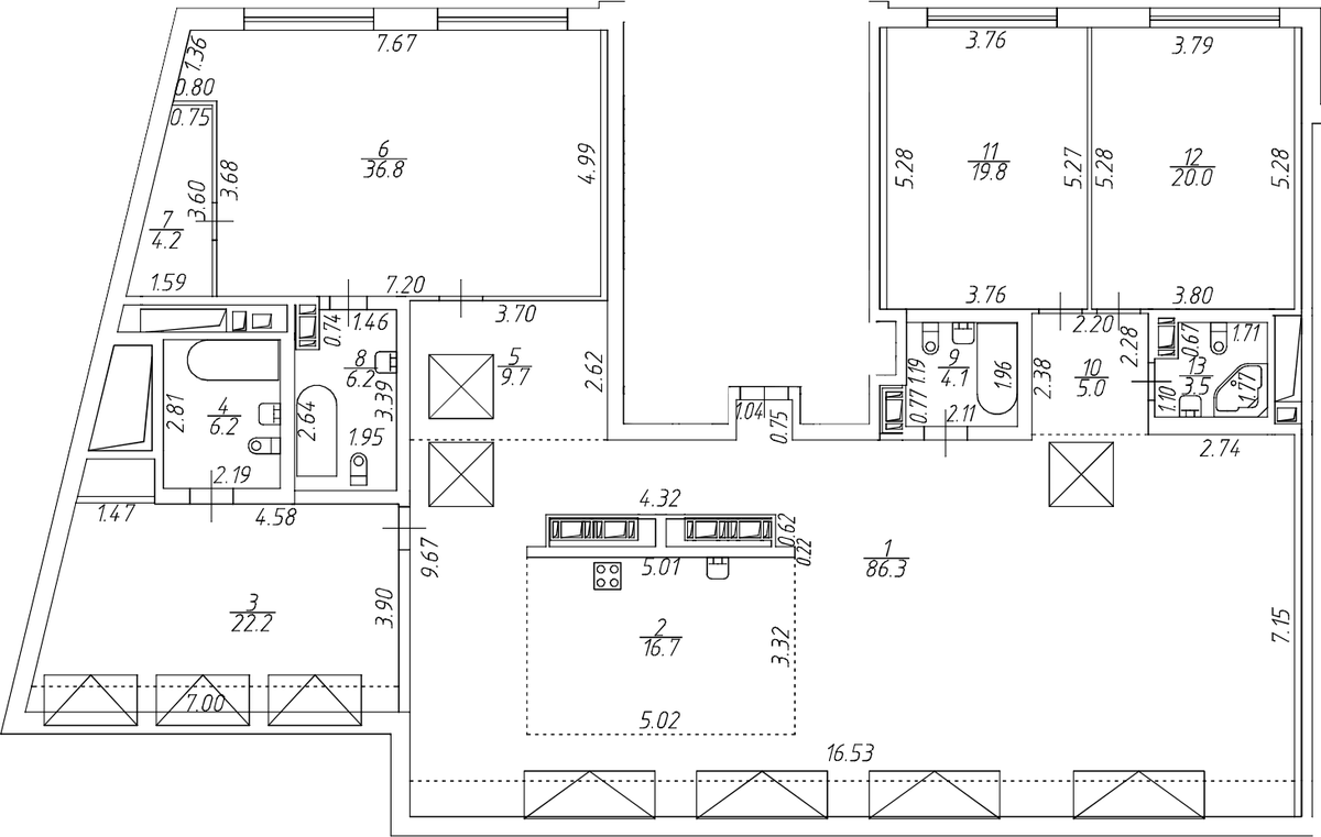 Планировка 5Е-к.кв 240.7 м² в ЖК «Приоритет», корпус 1
