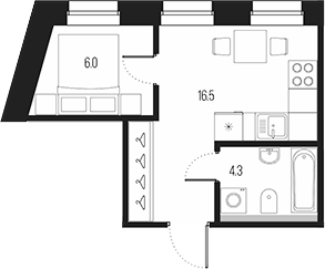 Планировка евродвушка (2Е) 26.8 м² в ЖК «Проект 6/3», корпус 1