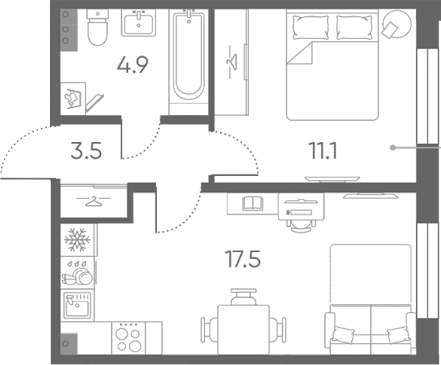Планировка однокомнатная 37 м² в ЖК «Пулково Лейк», корпус 3