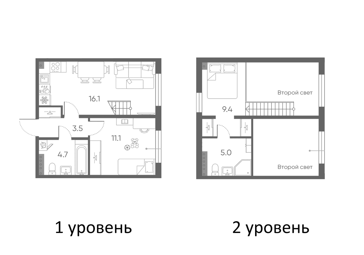 Планировка евродвушка (2Е) 49.8 м² в ЖК «Пулково Лейк», корпус 4
