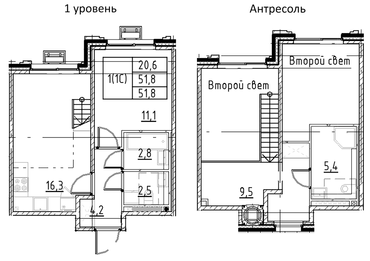 Планировка евродвушка (2Е) 51.8 м² в ЖК «Пулково Лейк», корпус 2