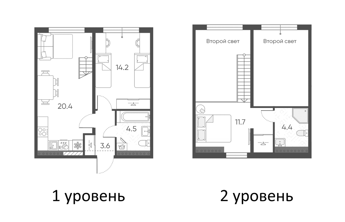 Планировка евродвушка (2Е) 58.8 м² в ЖК «Пулково Лейк», корпус 2