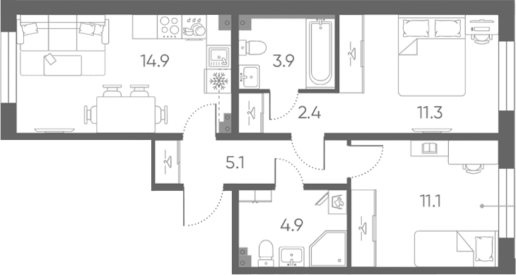 Планировка евротрёшка (3Е) 53.6 м² в ЖК «Пулково Лейк», корпус 3