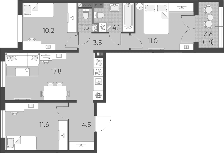 Планировка евро-4 (4Е) 66 м² в ЖК «Пулково Лейк», корпус 1