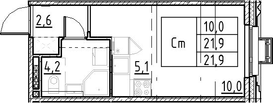 Планировка Студии 21.9 м² в ЖК «Пулково Лейк», корпус 4