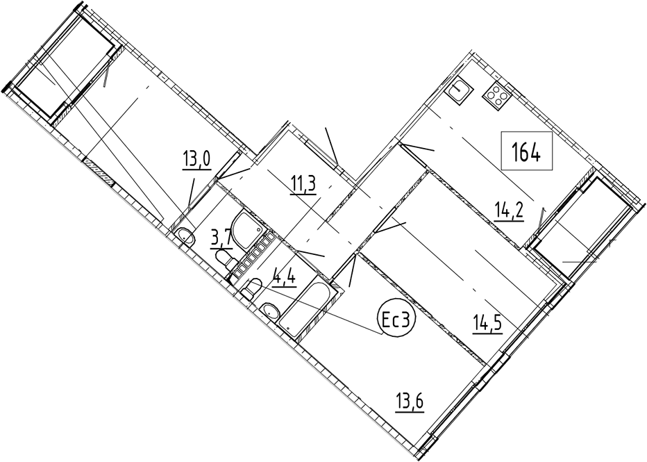 Планировка трёхкомнатная 78.1 м² в ЖК «Пулковский дом», корпус Б
