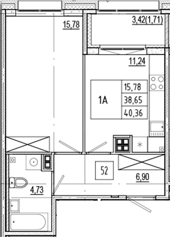 Планировка однокомнатная 40.36 м² в ЖК «Ranta Residence», корпус Б4