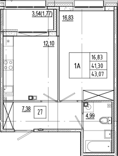 Планировка однокомнатная 43.07 м² в ЖК «Ranta Residence», корпус Б4
