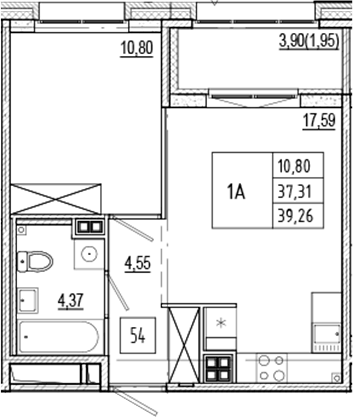 Планировка евродвушка (2Е) 39.26 м² в ЖК «Ranta Residence», корпус Б4
