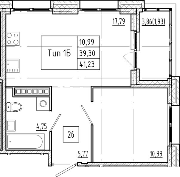 Планировка евродвушка (2Е) 41.23 м² в ЖК «Ranta Residence», корпус Б3