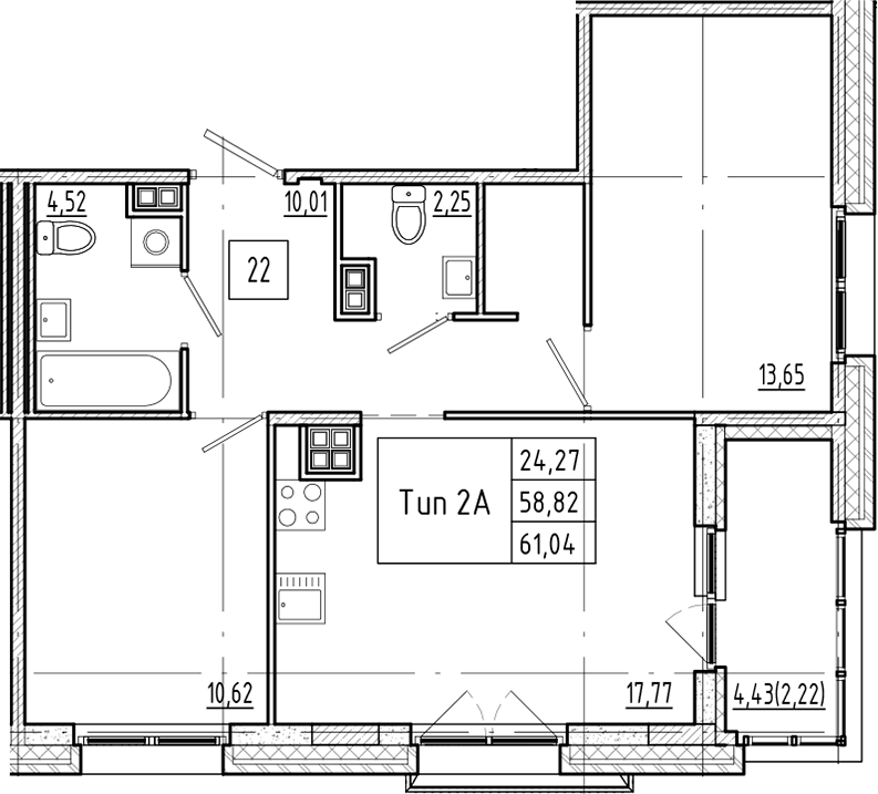 Планировка евротрёшка (3Е) 61.04 м² в ЖК «Ranta Residence», корпус Б3