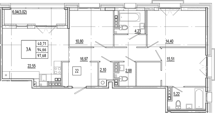 Планировка евро-4 (4Е) 97.68 м² в ЖК «Ranta Residence», корпус Б1