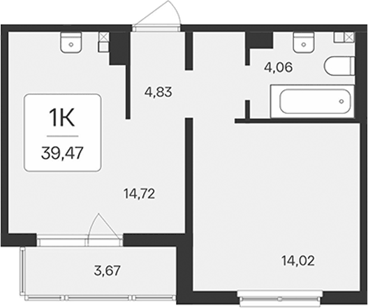 Планировка однокомнатная 39.47 м² в ЖК «Расцветай в Янино», корпус 2.2 (монолитный)