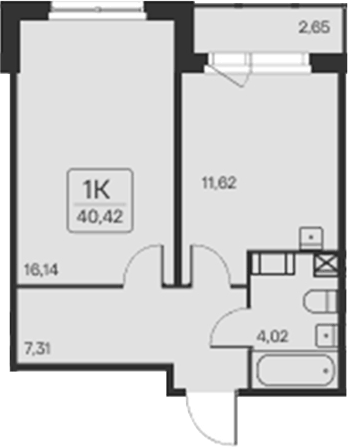 Планировка однокомнатная 40.42 м² в ЖК «Расцветай в Янино», корпус 2.2 (монолитный)