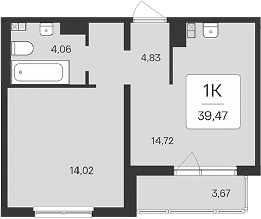 Планировка евродвушка (2Е) 39.47 м² в ЖК «Расцветай в Янино», корпус 2.2 (монолитный)