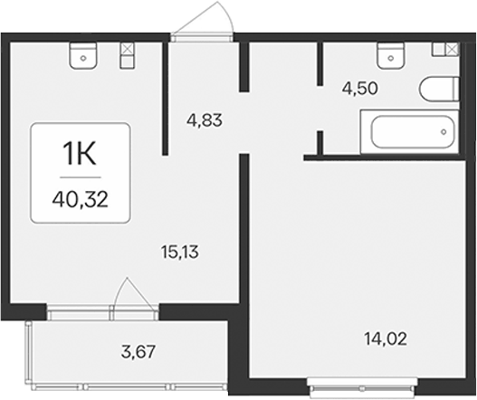 Планировка евродвушка (2Е) 40.32 м² в ЖК «Расцветай в Янино», корпус 2.2 (монолитный)