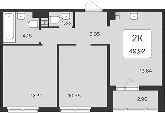 Планировка двухкомнатная 49.92 м² в ЖК «Расцветай в Янино», корпус 2.2 (монолитный)